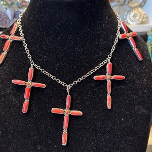 Red coral and sterling Cross Pendant Necklace - Women's Fashion Jewelry